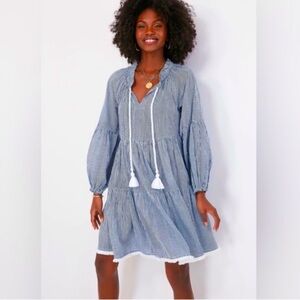 Tuckernuck Striped Tiered Dress with Tassel closure Statement Sleeves Fringe Hem